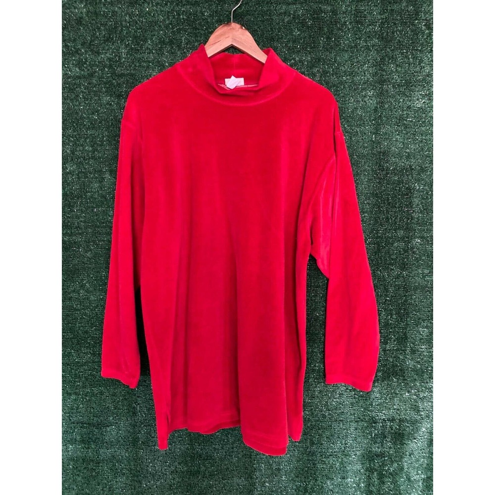 L.L Bean Women's Red Velvet Mock Neck Long Sleeve Pullover Tunic Sweater Size XL